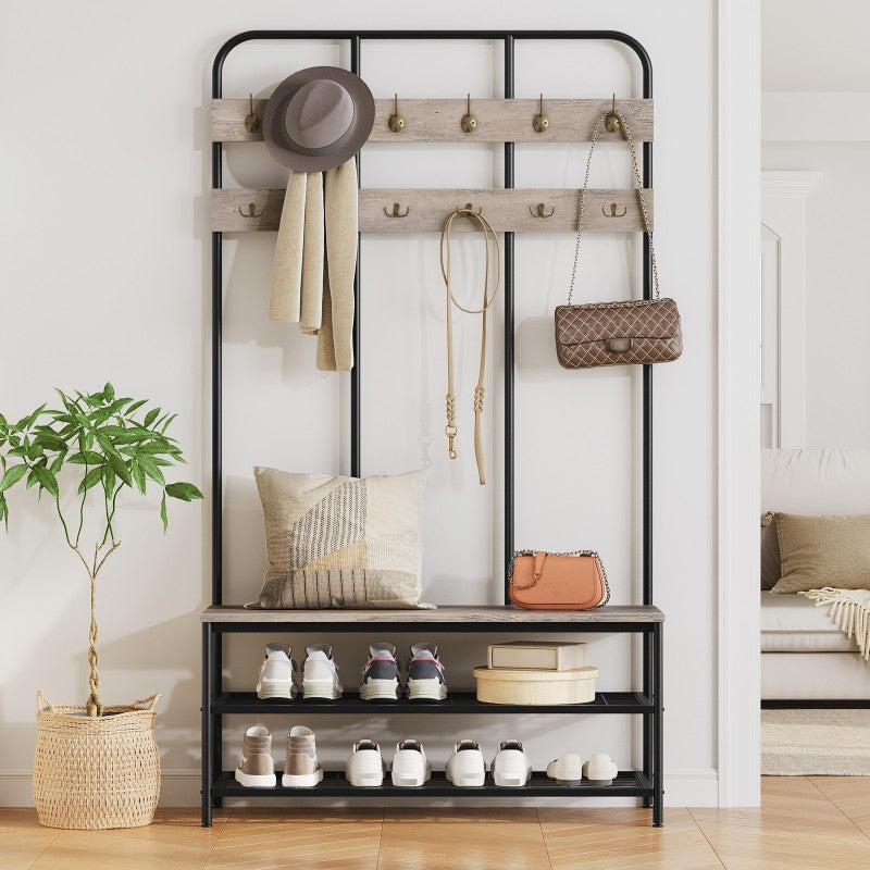 HOOBRO Hall Tree with Bench, Entryway Bench with Coat Rack, Mud Room Rack with 12 Double Hooks and Shoe Storage, Coat Tree, Shoe Organizer, for Foyer, Front Door