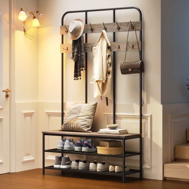 HOOBRO Hall Tree with Bench, Entryway Bench with Coat Rack, Mud Room Rack with 12 Double Hooks and Shoe Storage, Coat Tree, Shoe Organizer, for Foyer, Front Door