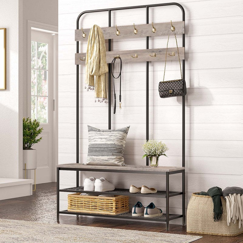 HOOBRO Hall Tree with Bench, Entryway Bench with Coat Rack, Mud Room Rack with 12 Double Hooks and Shoe Storage, Coat Tree, Shoe Organizer, for Foyer, Front Door