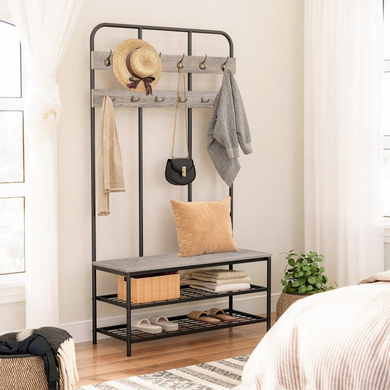 HOOBRO Hall Tree with Bench, Entryway Bench with Coat Rack, Mud Room Rack with 12 Double Hooks and Shoe Storage, Coat Tree, Shoe Organizer, for Foyer, Front Door