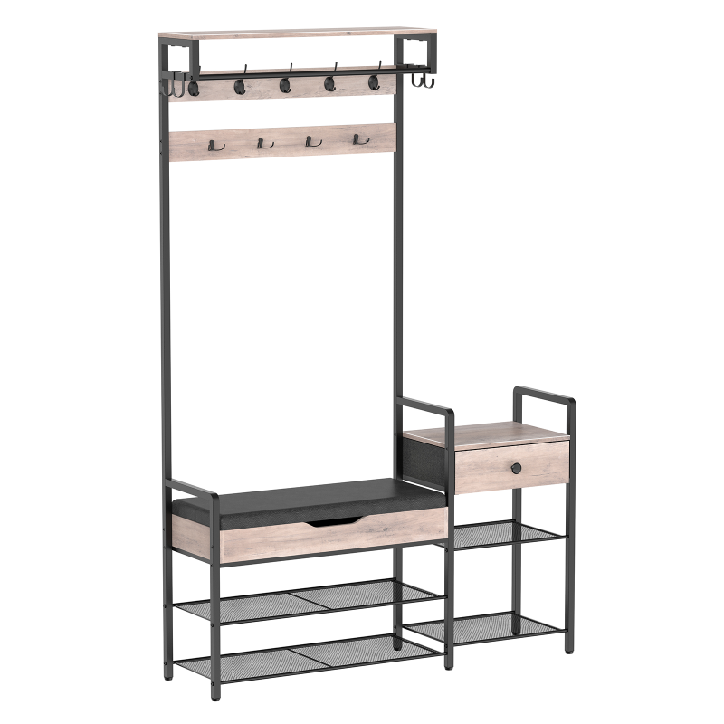 HOOBRO Hall Tree, Entryway Bench with Coat Rack, Shoe and Coat Rack for Entryway, Hall Tree Coat Rack, with PU Cushioned Seat, Non-Woven Fabric Drawer, for Entrance