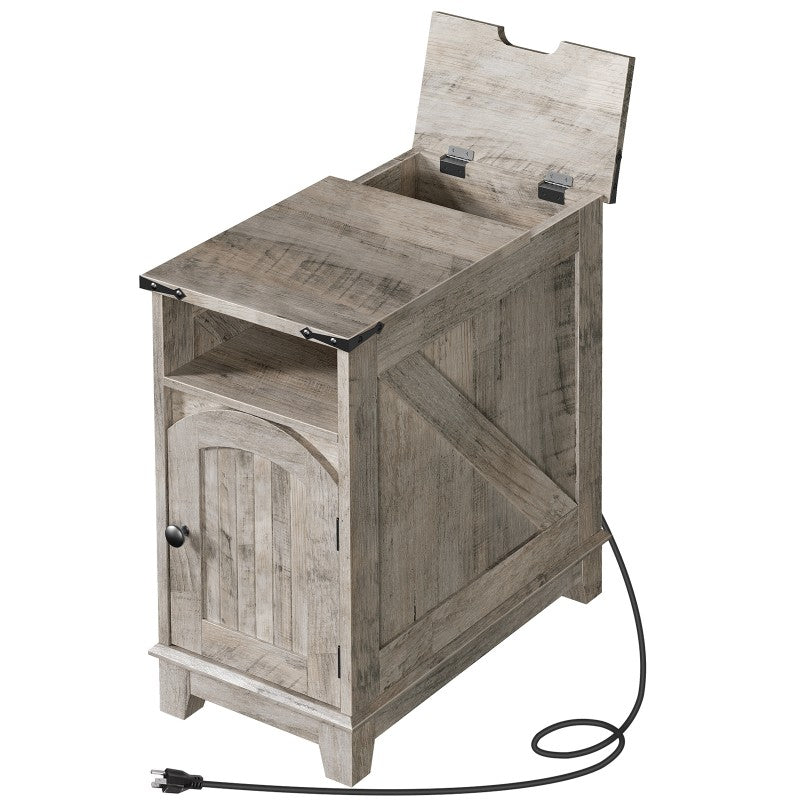 HOOBRO Narrow End Table, Slim Side Table Living Room, Farmhouse Nightstand with Charging Station, End Tables for Living Room, Sofa Side Table for Small Spaces, Flip Top