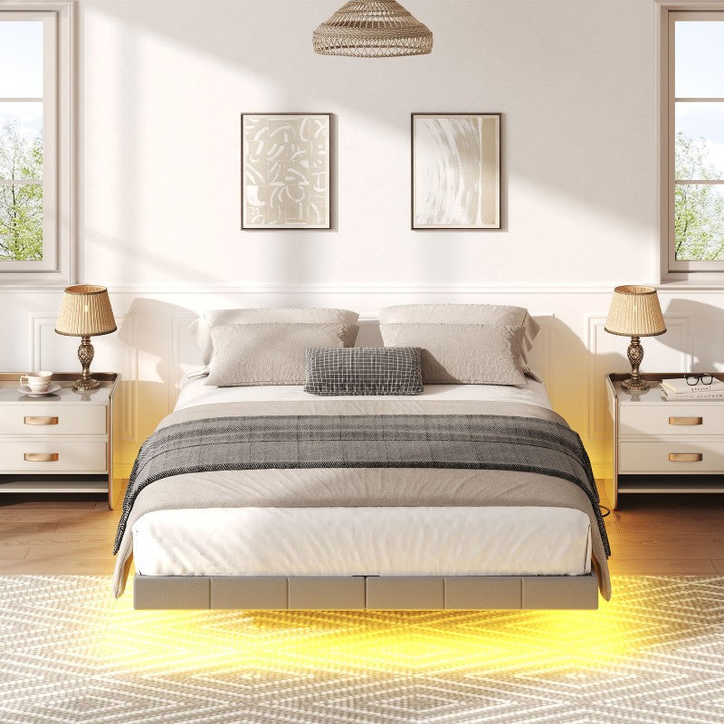 HOOBRO Full Size Floating Bed Frame with LED Lights and Charging Station, Upholstered Platform Bed Frame Full Size, Modern Metal Floating Bed Frame, No Box Springs Needed