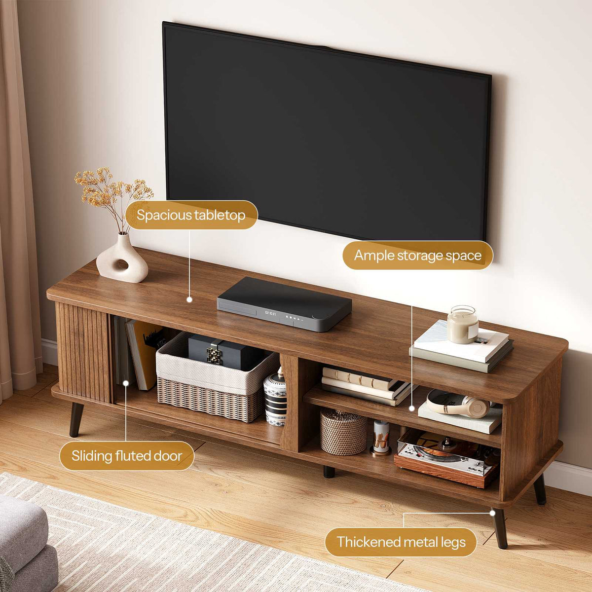 HOOBRO Mid-Century Modern TV Stand with Slatted Sliding Door for TVs up to 65"