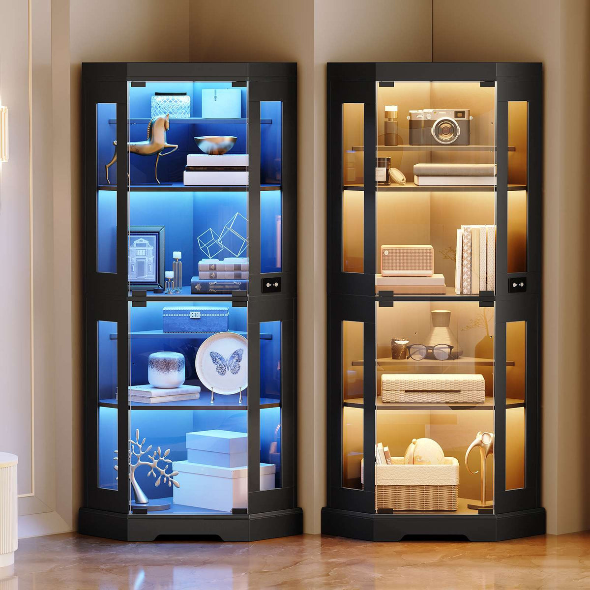 HOOBRO Corner Glass Display Cabinet with LED Lights & Power Outlets