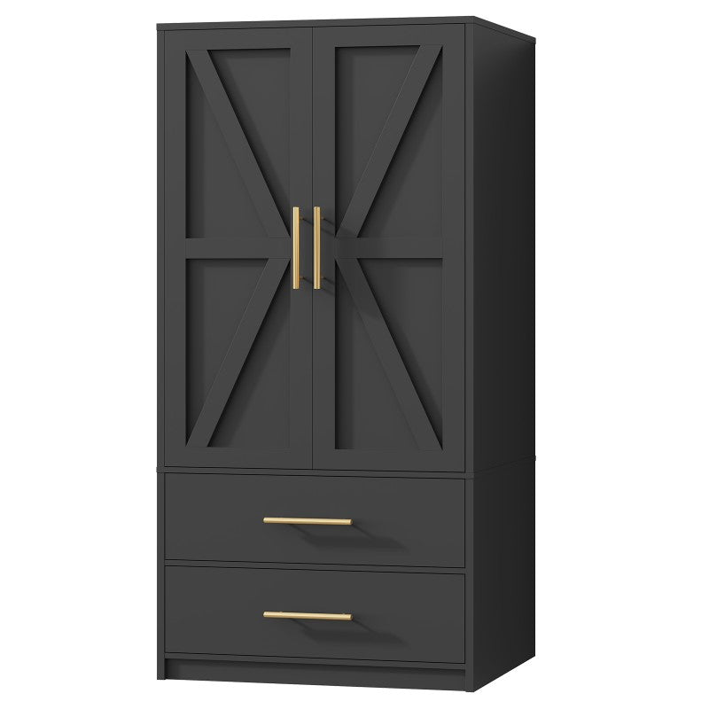 HOOBRO Armoire Wardrobe Closet, Wardrobe Closet with 2 Doors and 2 Drawers, Bedroom Armoire with Hanging Rod, Tall Armoire for Bedroom, Wooden Clothing Storage Cabinet