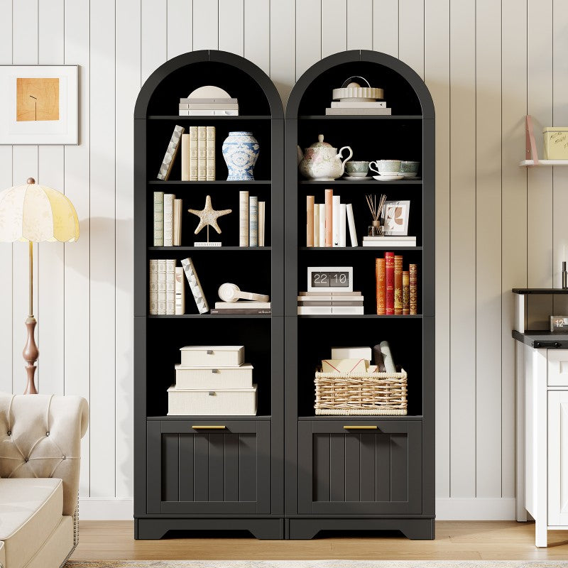 HOOBRO Arched Bookshelf with File Drawer, 71" Tall Narrow Bookcase for Small Spaces, 6-Tier Arched Bookcase with Storage and Adjustable Shelves, Farmhouse Bookshelf for Living Room