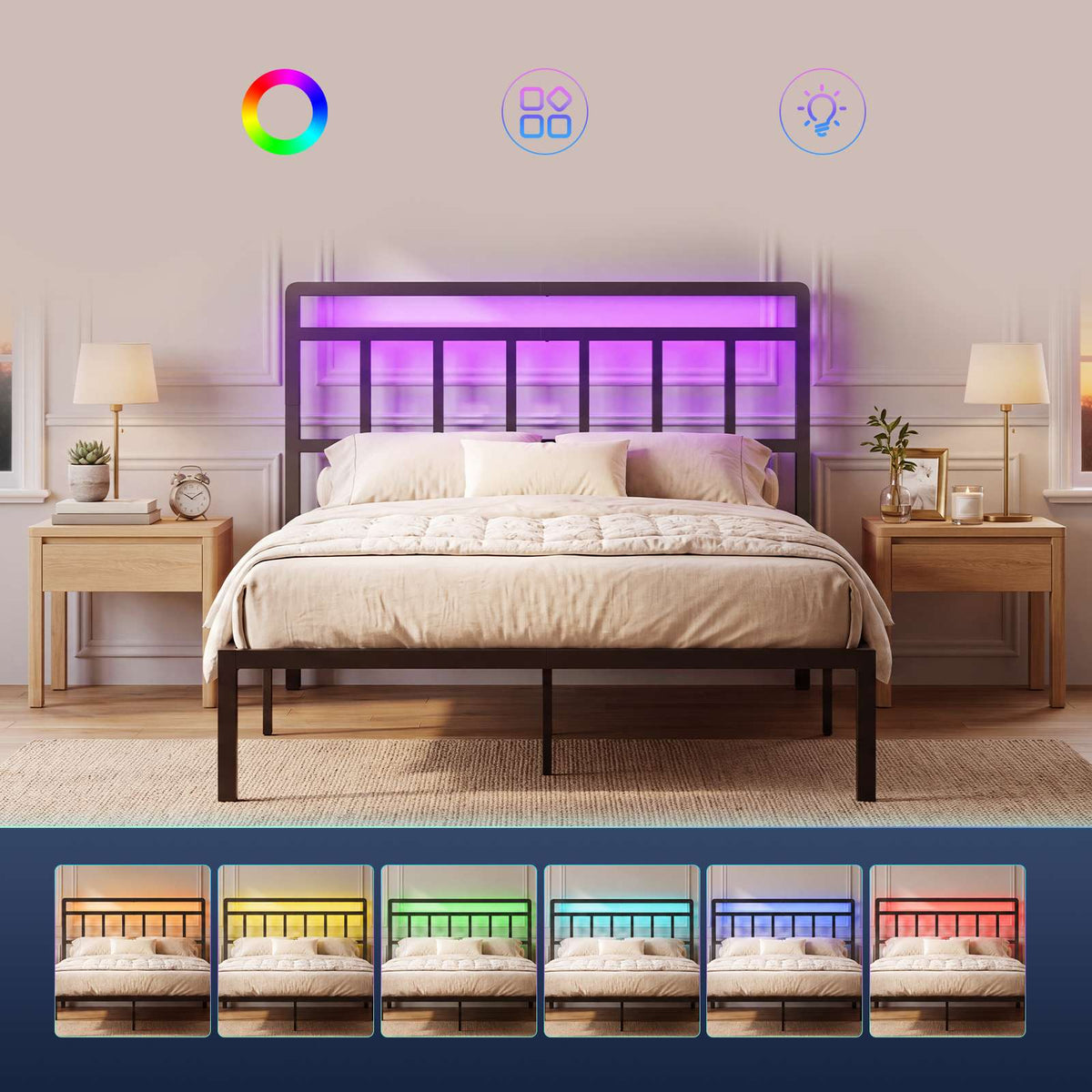 HOOBRO Modern Metal Headboard with LED Lights, Adjustable Bed Frame Headboard