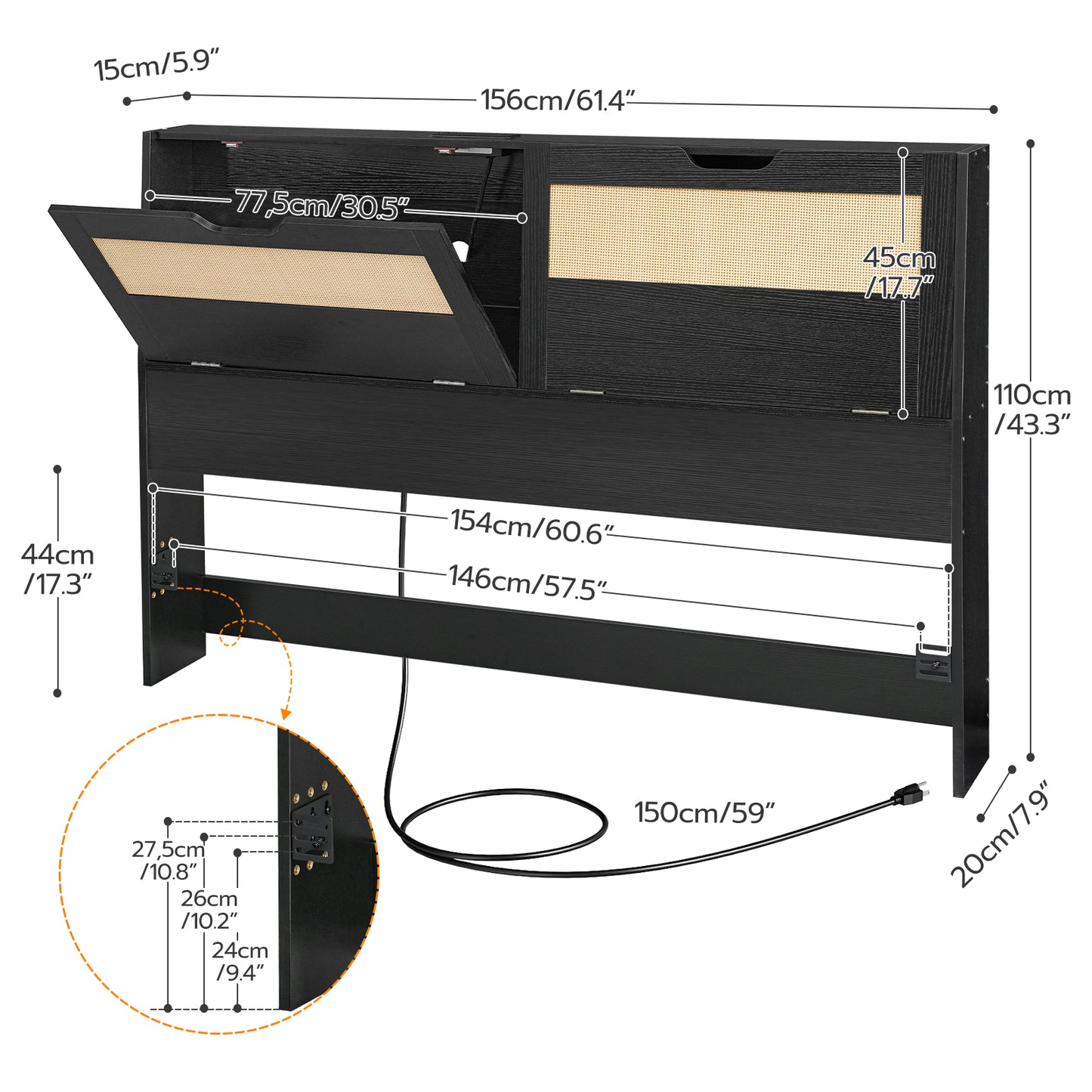 HOOBRO Queen Headboards with Storage, Headboards for Queen Size Bed Only with Outlets, Wooden Adjustable Height with Storage Shelves for Bedroom, Easy Assembly