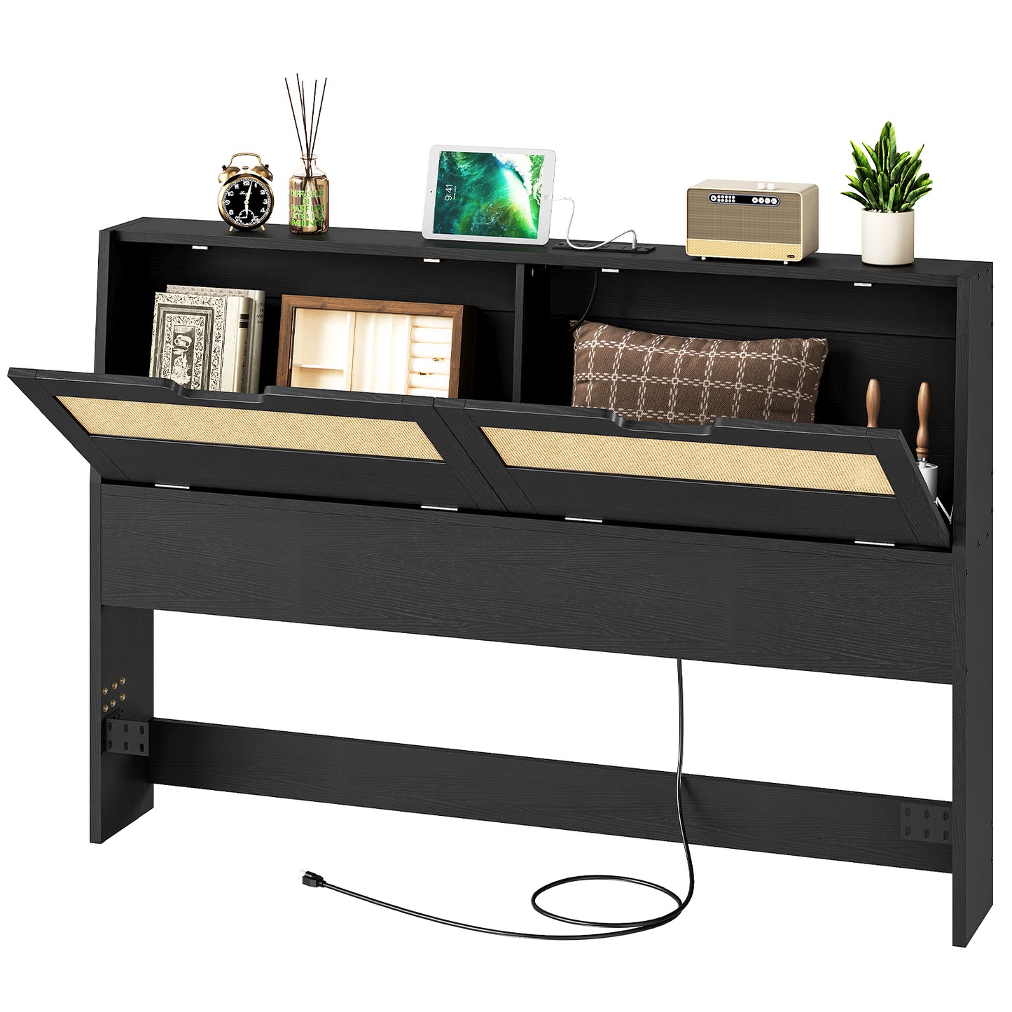 HOOBRO Queen Headboards with Storage, Headboards for Queen Size Bed Only with Outlets, Wooden Adjustable Height with Storage Shelves for Bedroom, Easy Assembly