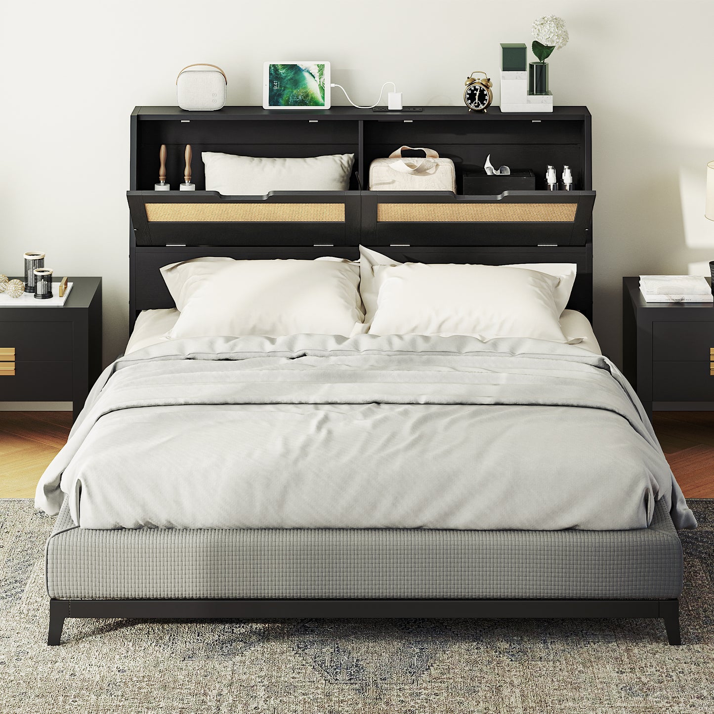 HOOBRO Queen Headboards with Storage, Headboards for Queen Size Bed Only with Outlets, Wooden Adjustable Height with Storage Shelves for Bedroom, Easy Assembly