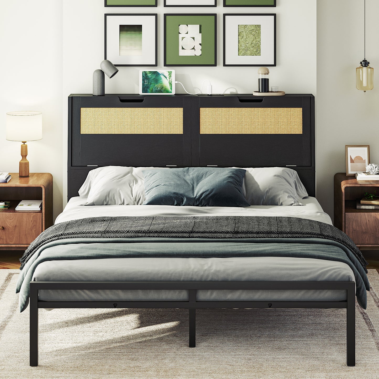 HOOBRO Queen Headboards with Storage, Headboards for Queen Size Bed Only with Outlets, Wooden Adjustable Height with Storage Shelves for Bedroom, Easy Assembly
