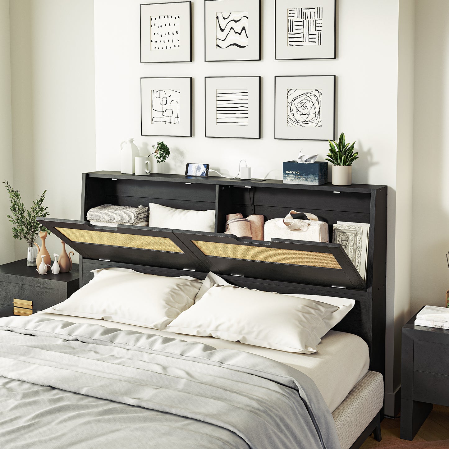 HOOBRO Queen Headboards with Storage, Headboards for Queen Size Bed Only with Outlets, Wooden Adjustable Height with Storage Shelves for Bedroom, Easy Assembly