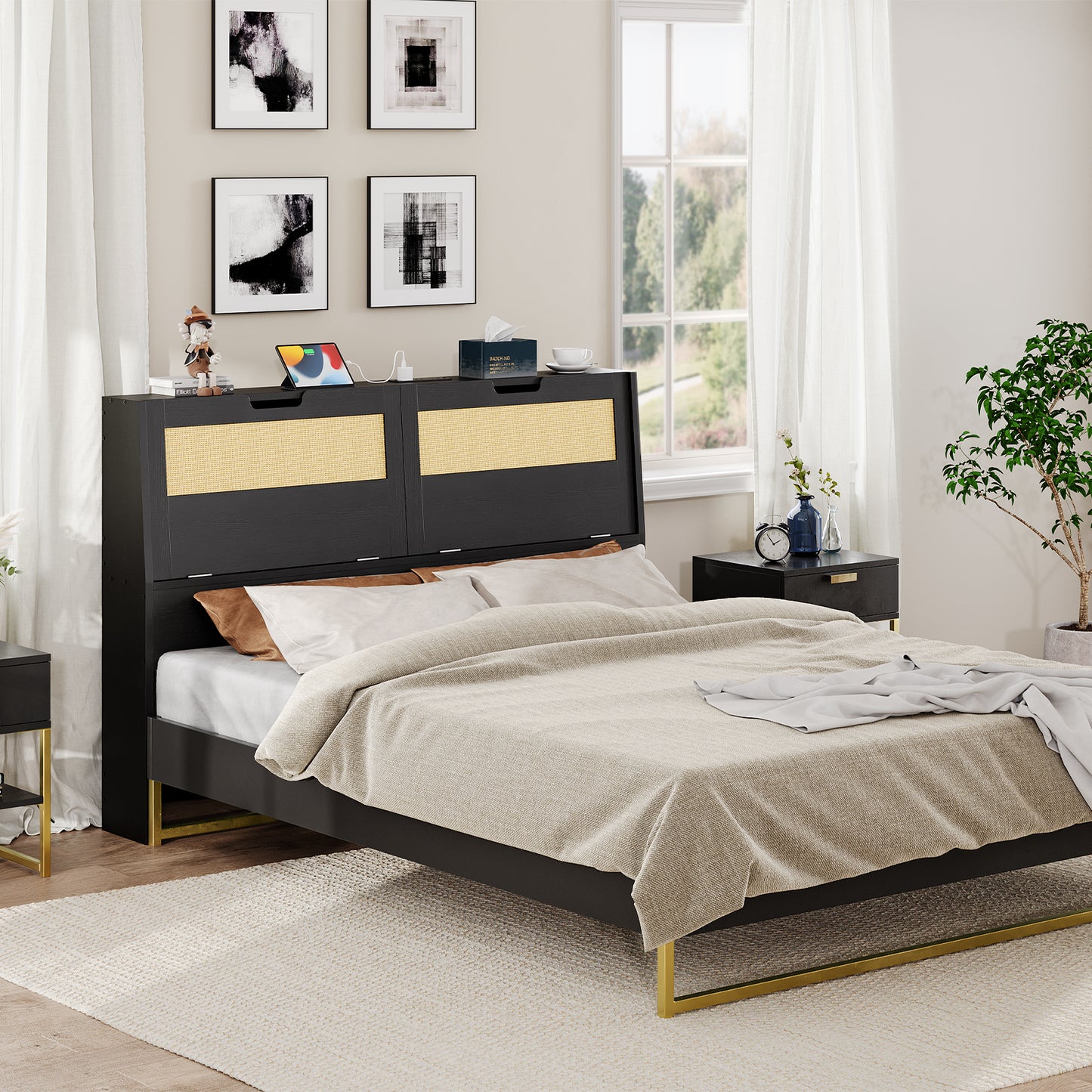 HOOBRO Queen Headboards with Storage, Headboards for Queen Size Bed Only with Outlets, Wooden Adjustable Height with Storage Shelves for Bedroom, Easy Assembly