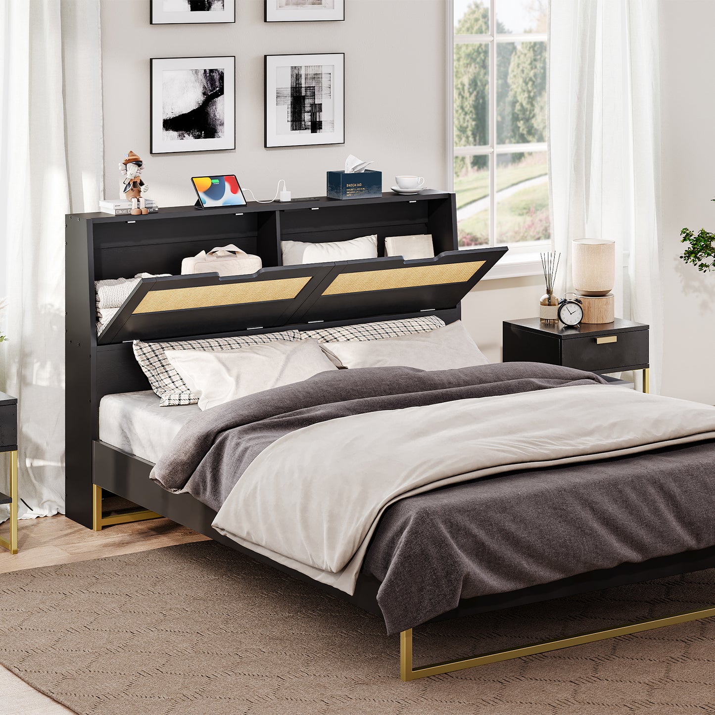 HOOBRO Queen Headboards with Storage, Headboards for Queen Size Bed Only with Outlets, Wooden Adjustable Height with Storage Shelves for Bedroom, Easy Assembly