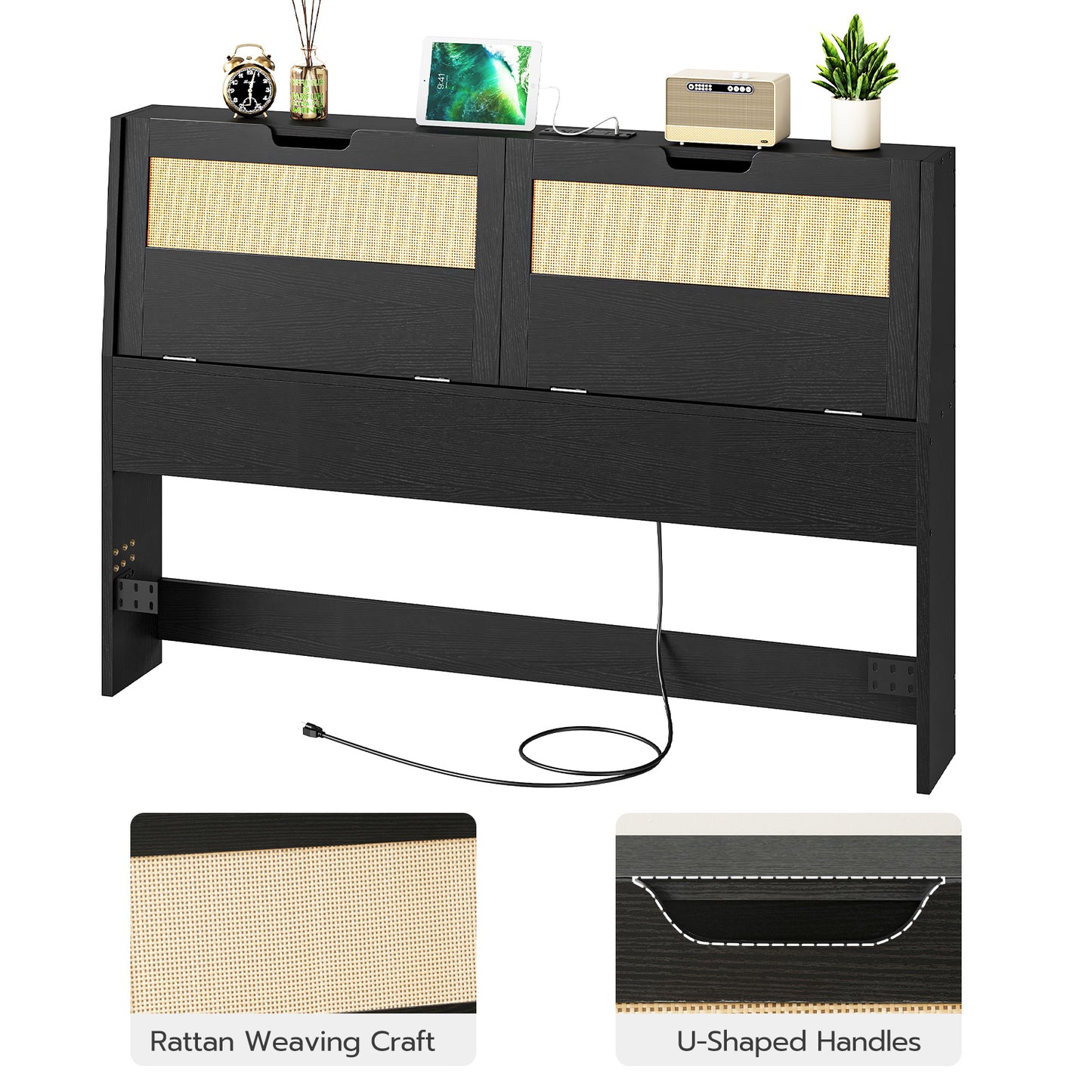 HOOBRO Queen Headboards with Storage, Headboards for Queen Size Bed Only with Outlets, Wooden Adjustable Height with Storage Shelves for Bedroom, Easy Assembly
