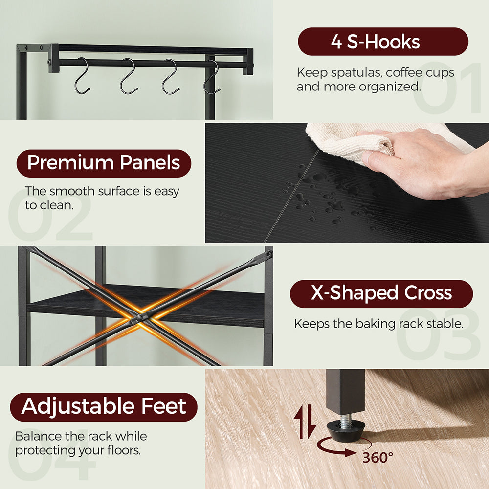 HOOBRO Bakers Rack with Drawer,with Power Outlet, Kitchen Storage Shelf Rack 4 Tiers, for Kitchen, Dining Room, Black