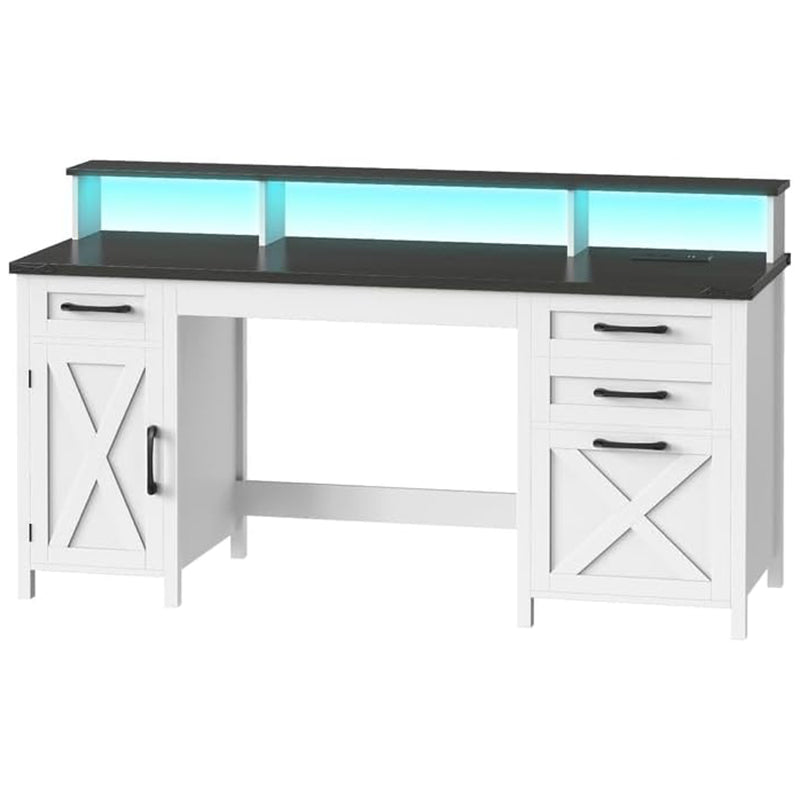 HOOBRO 63" Computer Desks with File Drawers, Storage Cabinet, Home Office Gaming Desk with Power Outlet and Led Lights, Farmhouse Computer Table with Monitor Stand