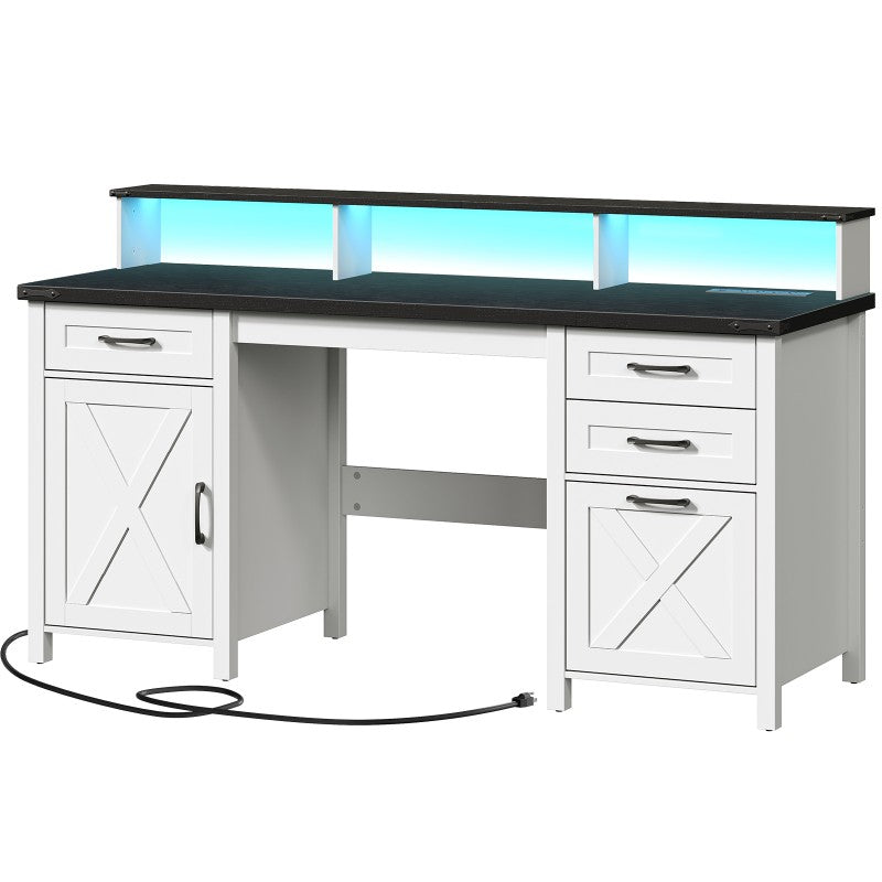HOOBRO Farmhouse Office Desk with Drawers, 63" Long Computer Desks with File Drawers, Storage Cabinet, Home Office Gaming Desk with Power Outlet & Led Lights & Monitor Stand, Executive Desk