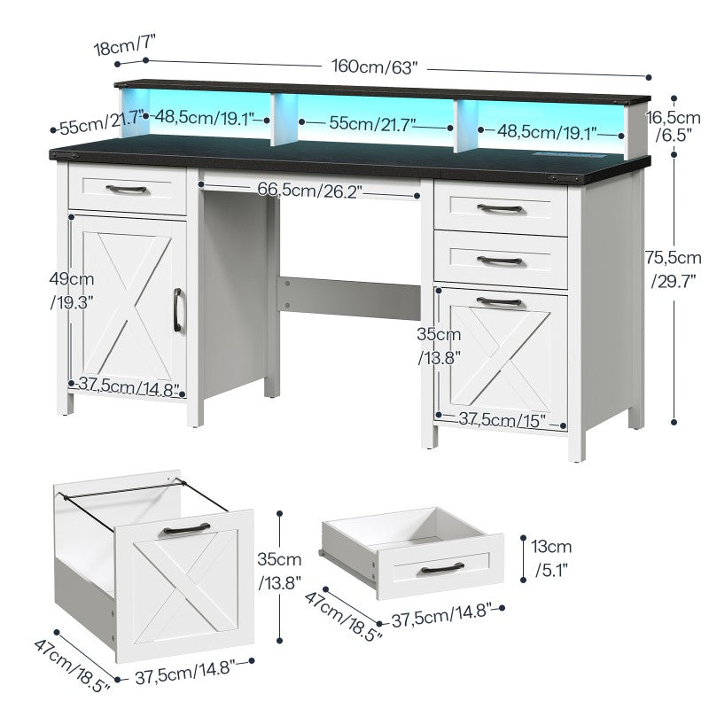 HOOBRO Farmhouse Office Desk with Drawers, 63" Long Computer Desks with File Drawers, Storage Cabinet, Home Office Gaming Desk with Power Outlet & Led Lights & Monitor Stand, Executive Desk