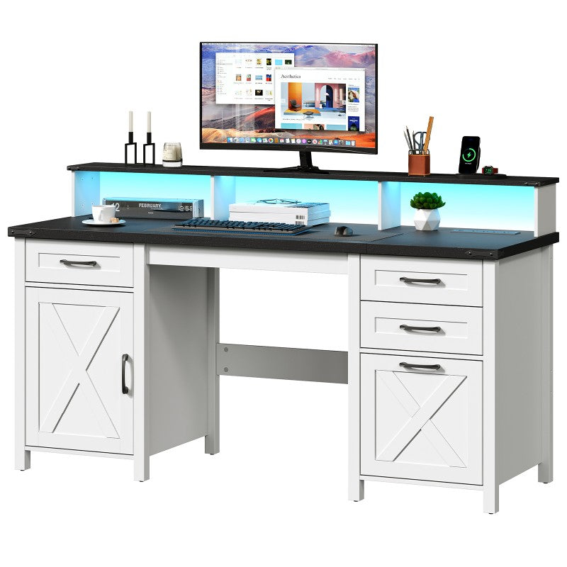 HOOBRO Farmhouse Office Desk with Drawers, 63" Long Computer Desks with File Drawers, Storage Cabinet, Home Office Gaming Desk with Power Outlet & Led Lights & Monitor Stand, Executive Desk