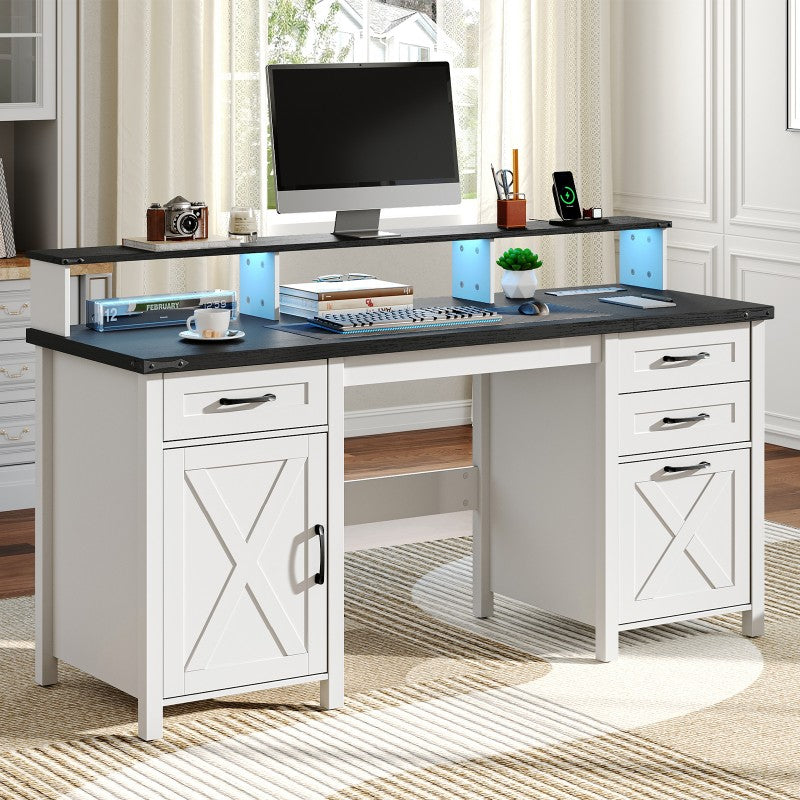HOOBRO Farmhouse Office Desk with Drawers, 63" Long Computer Desks with File Drawers, Storage Cabinet, Home Office Gaming Desk with Power Outlet & Led Lights & Monitor Stand, Executive Desk