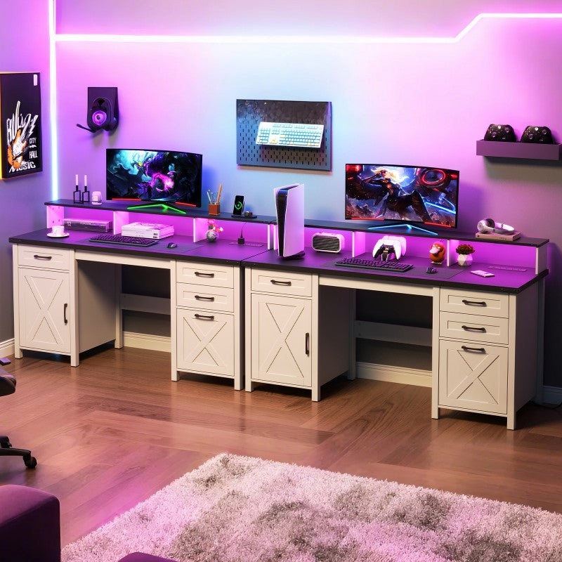 HOOBRO Farmhouse Office Desk with Drawers, 63" Long Computer Desks with File Drawers, Storage Cabinet, Home Office Gaming Desk with Power Outlet & Led Lights & Monitor Stand, Executive Desk