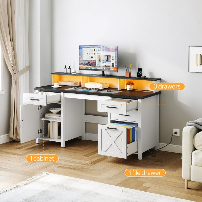 HOOBRO Farmhouse Office Desk with Drawers, 63" Long Computer Desks with File Drawers, Storage Cabinet, Home Office Gaming Desk with Power Outlet & Led Lights & Monitor Stand, Executive Desk
