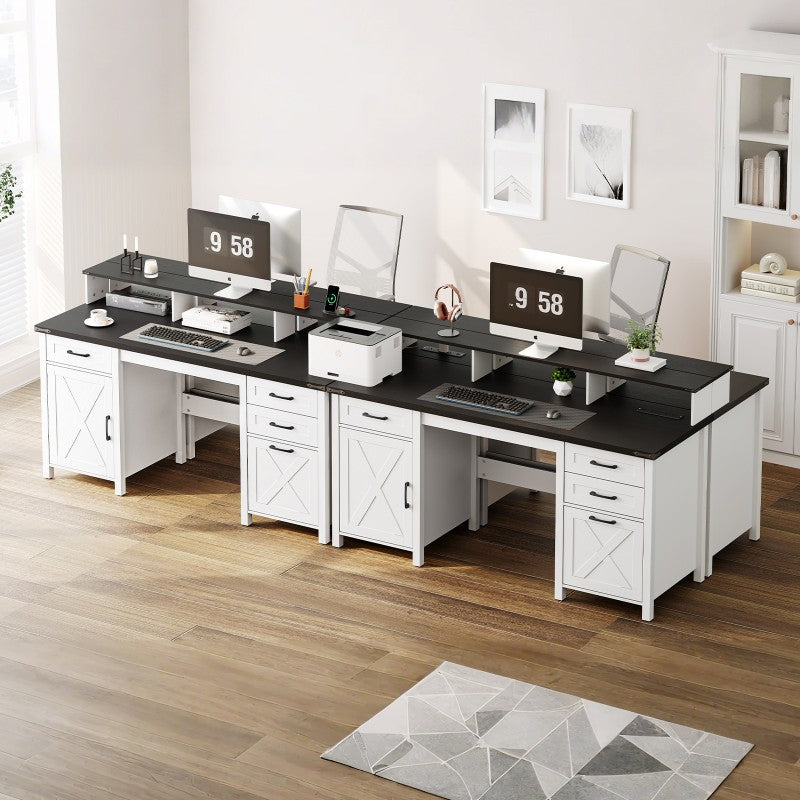 HOOBRO Farmhouse Office Desk with Drawers, 63" Long Computer Desks with File Drawers, Storage Cabinet, Home Office Gaming Desk with Power Outlet & Led Lights & Monitor Stand, Executive Desk