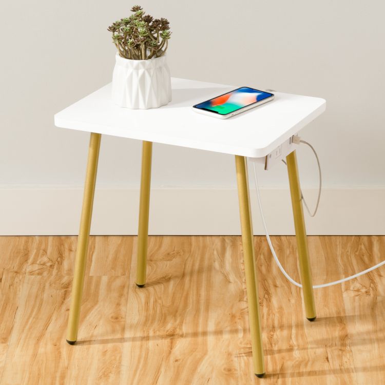 HOOBRO Side Table with Charging Station, Small White Table End Table for Home Decor in Living Room, Bedroom, Balcony White and Gold