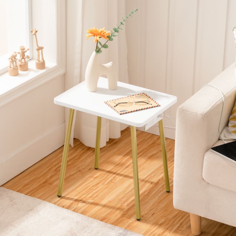 HOOBRO Side Table with Charging Station, Small White Table End Table for Home Decor in Living Room, Bedroom, Balcony White and Gold