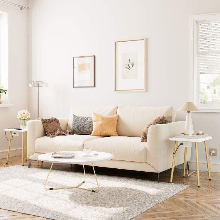 HOOBRO Side Table with Charging Station, Small White Table End Table for Home Decor in Living Room, Bedroom, Balcony White and Gold