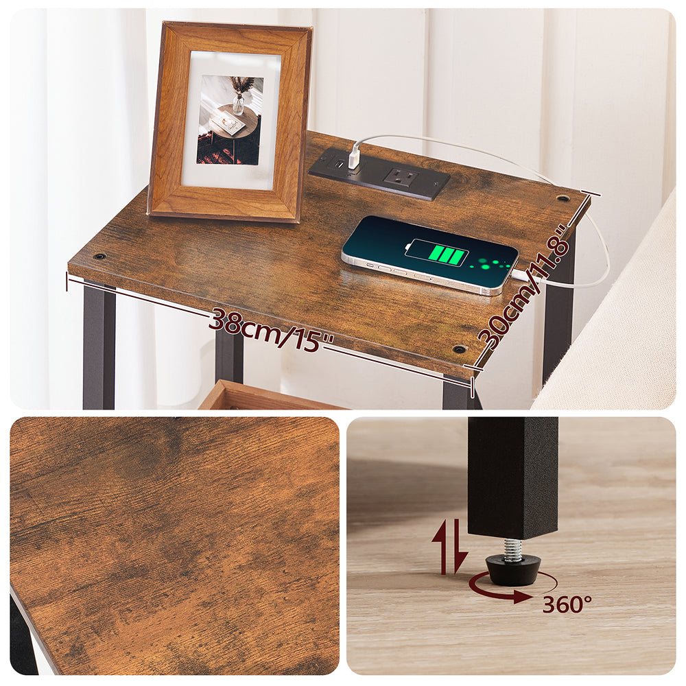 HOOBRO Narrow Side Table with Charging Station, 2-Tier End Table with Outlet & USB Ports,for Small Space, Living Room, Bedroom, Rustic Brown