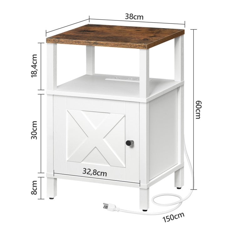 MAHANCRIS Farmhouse Nightstand with Charging Station, White Bedside Table with USB&Type-C Ports and Outlets, End Table with Storage, Night Stand for Bedroom