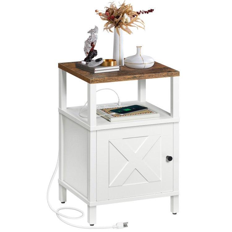 MAHANCRIS Farmhouse Nightstand with Charging Station, White Bedside Table with USB&Type-C Ports and Outlets, End Table with Storage, Night Stand for Bedroom