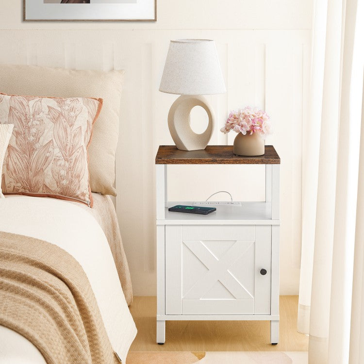 MAHANCRIS Farmhouse Nightstand with Charging Station, White Bedside Table with USB&Type-C Ports and Outlets, End Table with Storage, Night Stand for Bedroom
