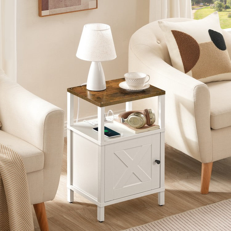 MAHANCRIS Farmhouse Nightstand with Charging Station, White Bedside Table with USB&Type-C Ports and Outlets, End Table with Storage, Night Stand for Bedroom