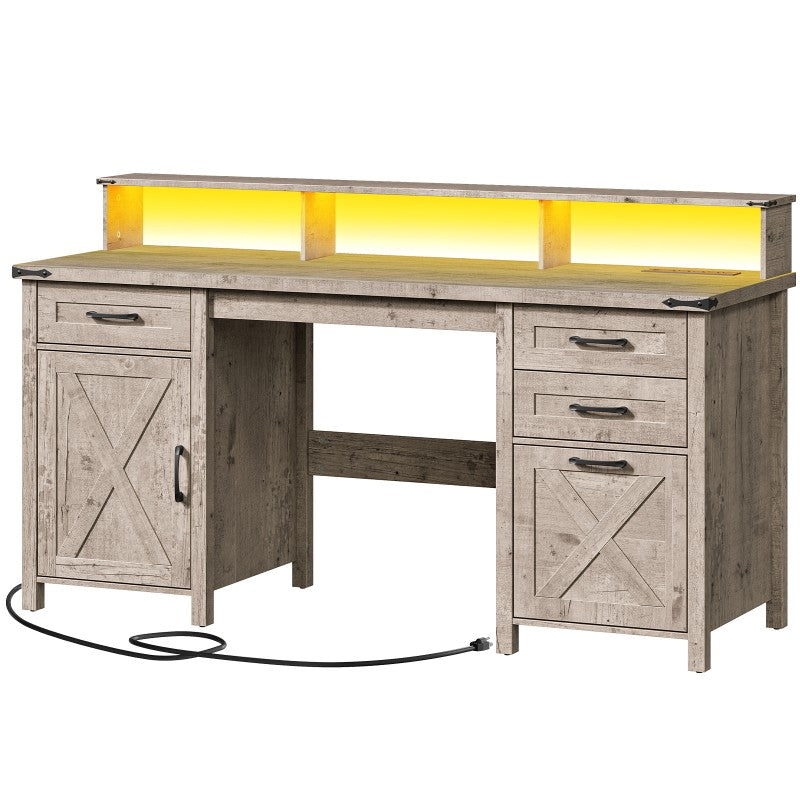 HOOBRO Farmhouse Office Desk with Drawers, 63" Long Computer Desks with File Drawers, Storage Cabinet, Home Office Gaming Desk with Power Outlet & Led Lights & Monitor Stand, Executive Desk