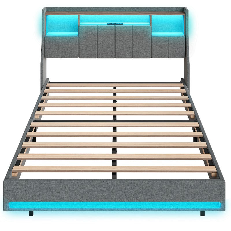 HOOBRO Bed Frame Full/Queen Size, Upholstered Bed Frame with Storage Headboard, LED Bed Frame with Charging Station, Metal Platform Bed and Wooden Slats, No Box Springs Needed