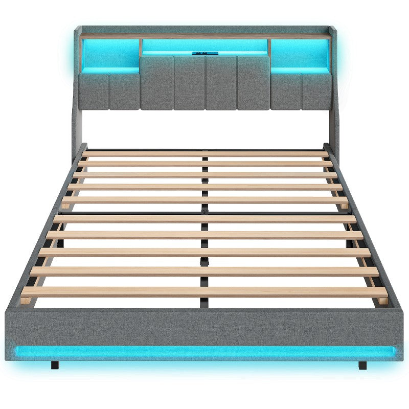 HOOBRO Bed Frame Full/Queen Size, Upholstered Bed Frame with Storage Headboard, LED Bed Frame with Charging Station, Metal Platform Bed and Wooden Slats, No Box Springs Needed
