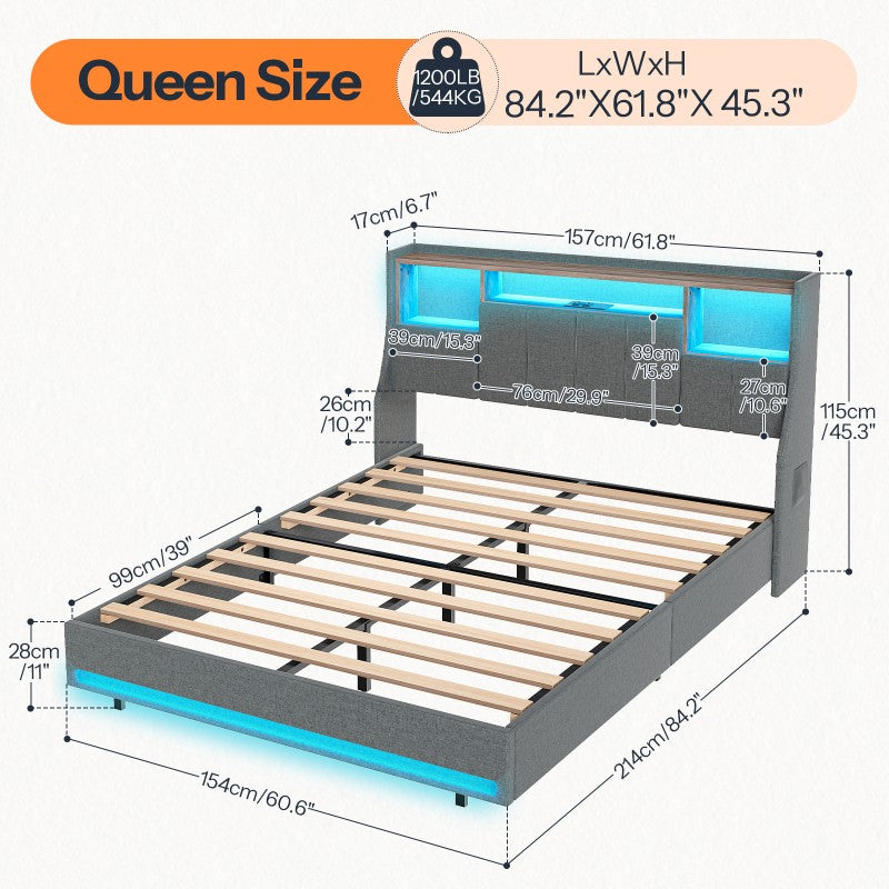 HOOBRO Bed Frame Full/Queen Size, Upholstered Bed Frame with Storage Headboard, LED Bed Frame with Charging Station, Metal Platform Bed and Wooden Slats, No Box Springs Needed