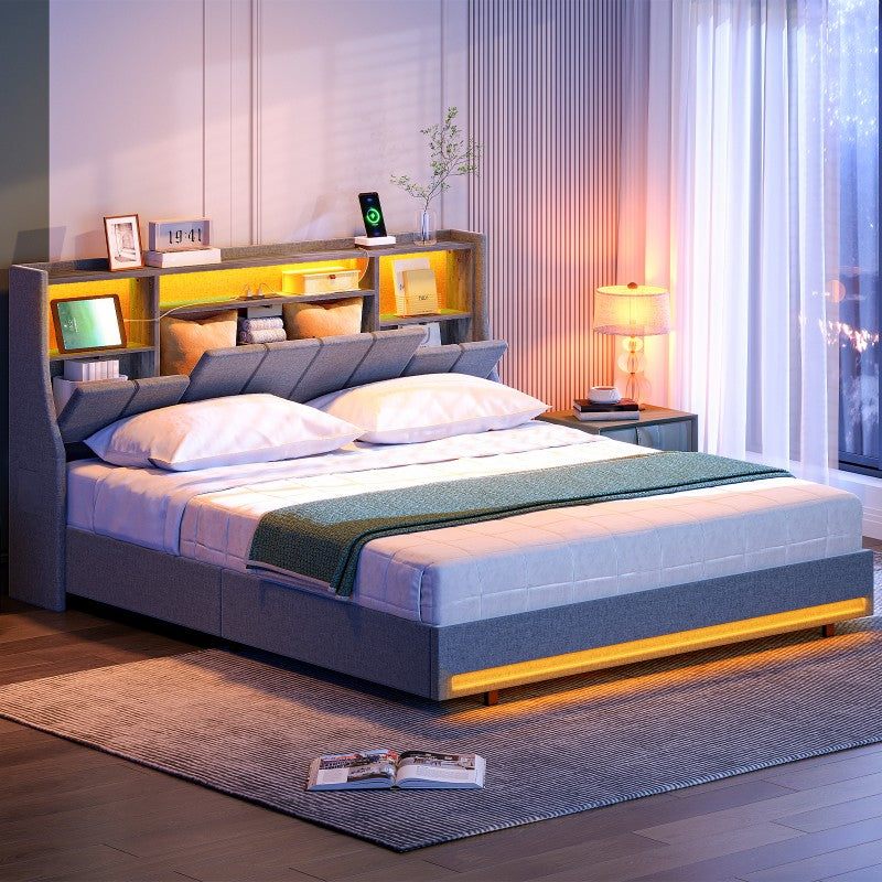HOOBRO Bed Frame Full/Queen Size, Upholstered Bed Frame with Storage Headboard, LED Bed Frame with Charging Station, Metal Platform Bed and Wooden Slats, No Box Springs Needed