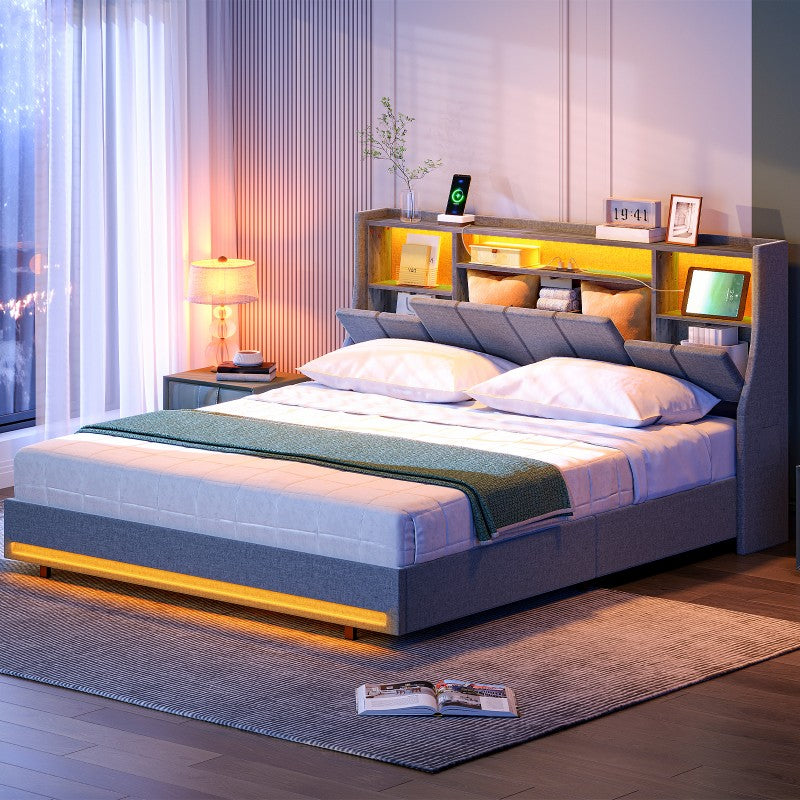 HOOBRO Bed Frame Full/Queen Size, Upholstered Bed Frame with Storage Headboard, LED Bed Frame with Charging Station, Metal Platform Bed and Wooden Slats, No Box Springs Needed