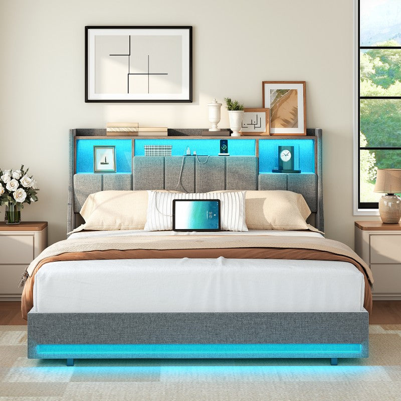 HOOBRO Bed Frame Full/Queen Size, Upholstered Bed Frame with Storage Headboard, LED Bed Frame with Charging Station, Metal Platform Bed and Wooden Slats, No Box Springs Needed