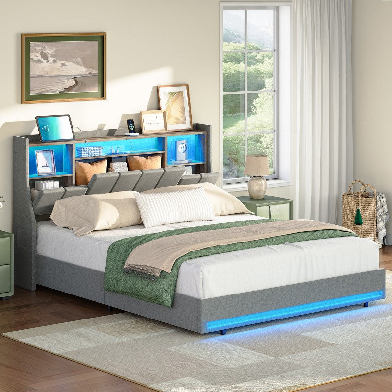 HOOBRO Bed Frame Full/Queen Size, Upholstered Bed Frame with Storage Headboard, LED Bed Frame with Charging Station, Metal Platform Bed and Wooden Slats, No Box Springs Needed