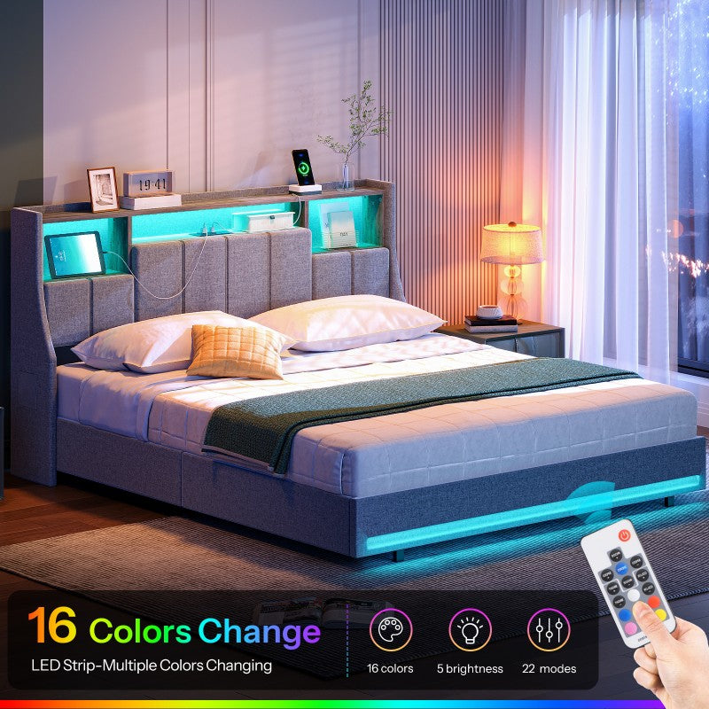 HOOBRO Bed Frame Full/Queen Size, Upholstered Bed Frame with Storage Headboard, LED Bed Frame with Charging Station, Metal Platform Bed and Wooden Slats, No Box Springs Needed