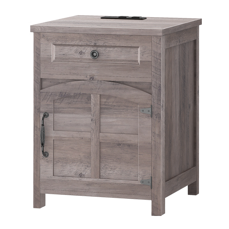 HOOBRO Farmhouse End Table with Charging Station, End Tables Living Room with Drawer, Rustic Nightstand with Arched Barn Door, Wooden Sofa Side Bedside Table