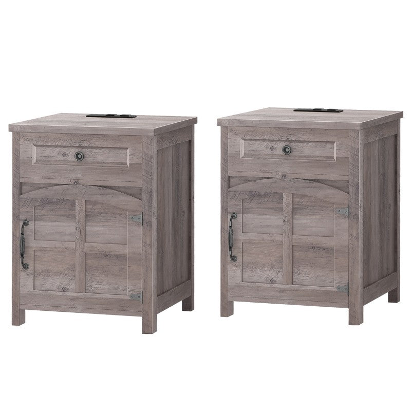 HOOBRO Farmhouse End Table with Charging Station, End Tables Living Room with Drawer, Rustic Nightstand with Arched Barn Door, Wooden Sofa Side Bedside Table