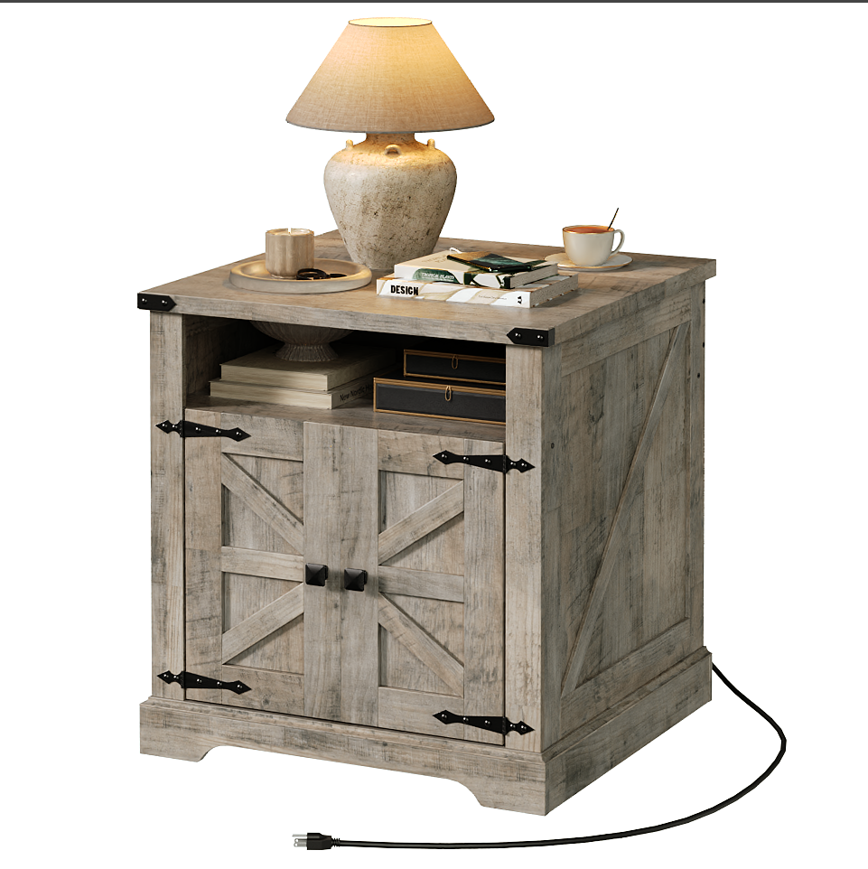 HOOBRO Farmhouse End Table with Charging Station, Flip Top Large End Table, 24" Large Sofa Side Table with Barn Door, Square Nightstand with Open Storage, for Living Room