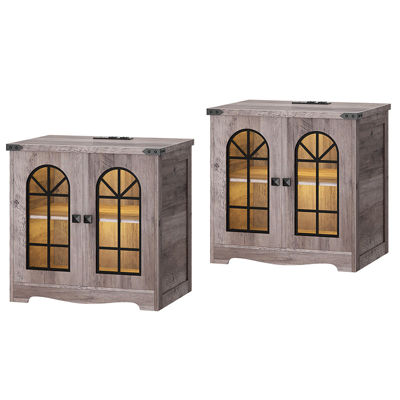 HOOBRO Farmhouse End Table, 23.6" Large Square Side Tables with Charging Station and LED Lights, Large End Table for Living Room, Wooden Nightstand with Glass Barn Door